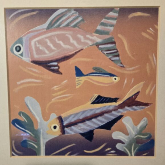 Abstract Art Print Underwater Scene W/ Tropical Fish & Coral Reef, Matted Framed - Picture 4 of 8